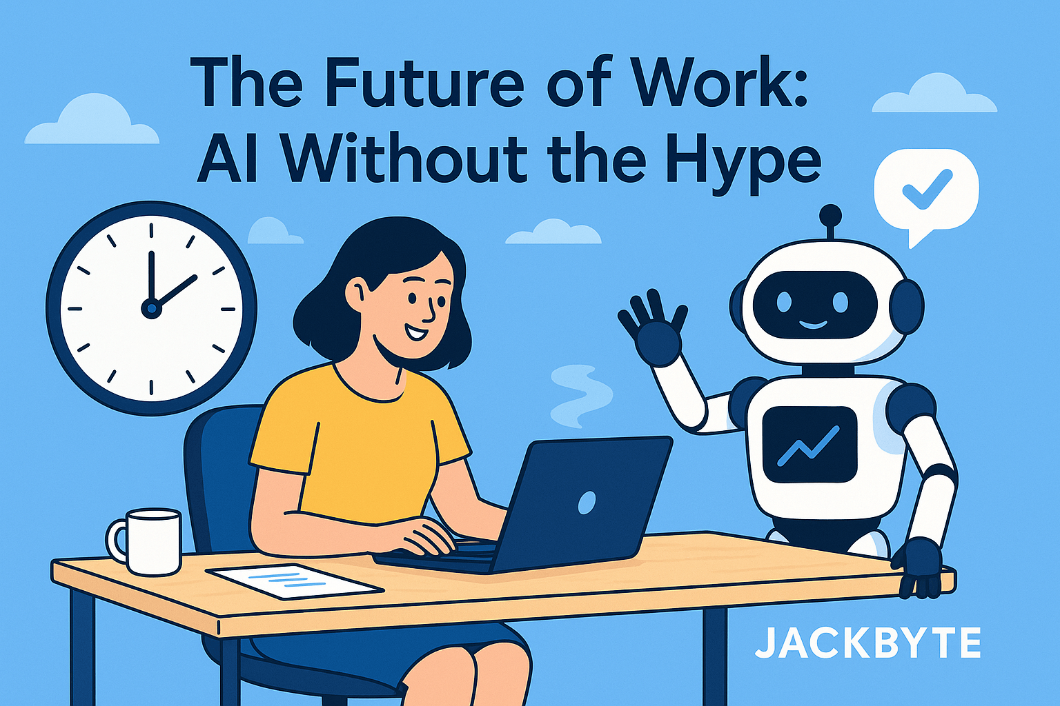 A woman smiling at a laptop while a robot waves, with a clock and coffee cup on the table.