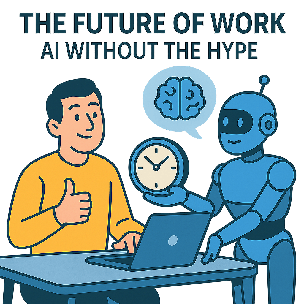 A person at a desk giving a thumbs up while a robot presents a clock.