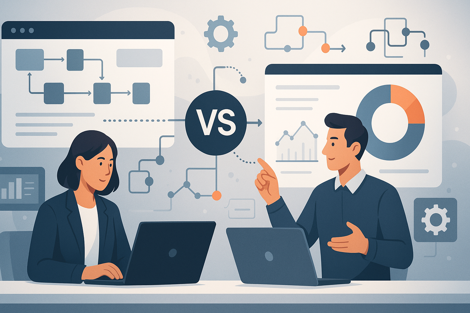 Two professionals comparing automation tools on laptops with workflow diagrams and analytics dashboards in a side-by-side evaluation
