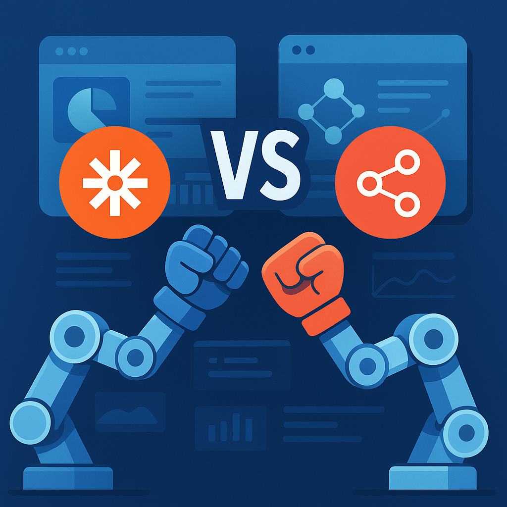 Zapier and n8n workflow automation comparison illustration with robotic arms representing competing business automation tools