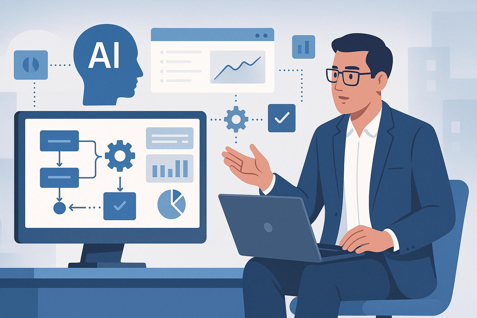Illustration of a man discussing AI concepts with a laptop and charts on a screen.