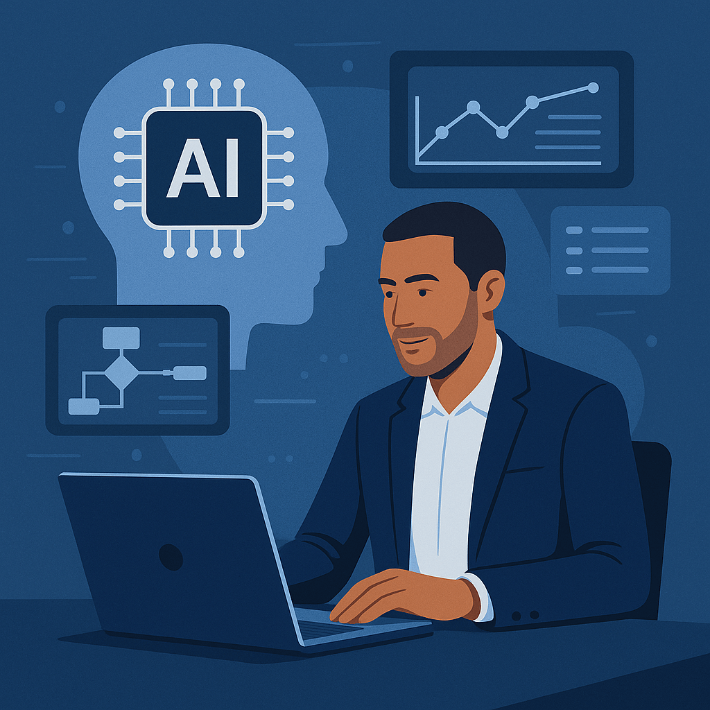 Illustration of a man working on a laptop with AI graphics in the background.