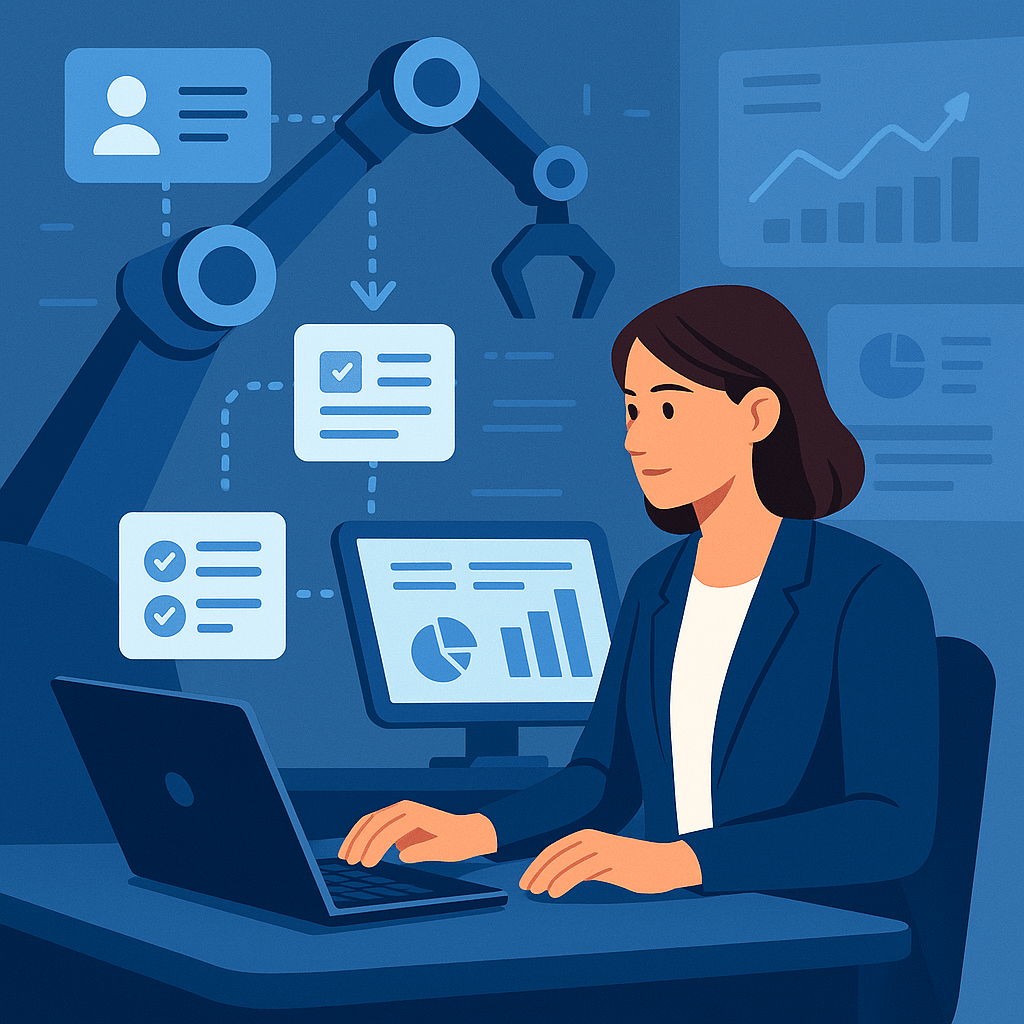 A woman working on a laptop with automation graphics in the background.