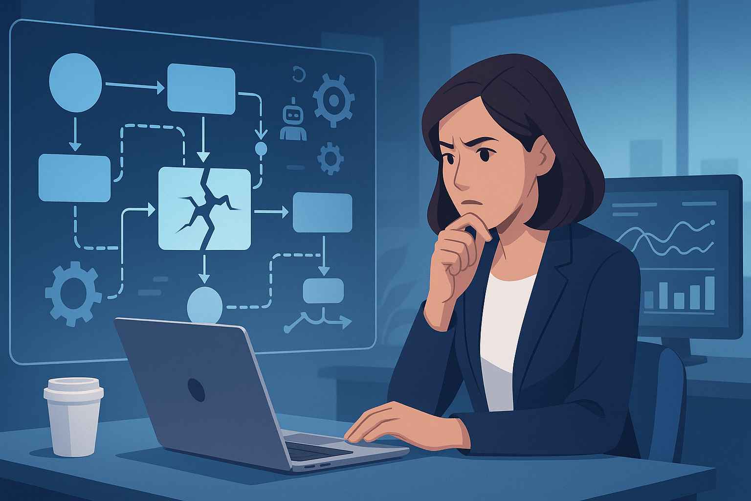 A woman in a suit ponders over a laptop, with a broken workflow chart and gears displayed on the screen behind her.