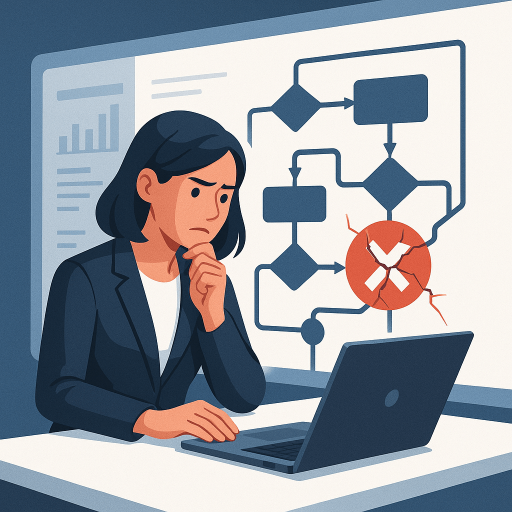 A woman in a suit looks concerned while working on a laptop, with a broken workflow diagram in the background.
