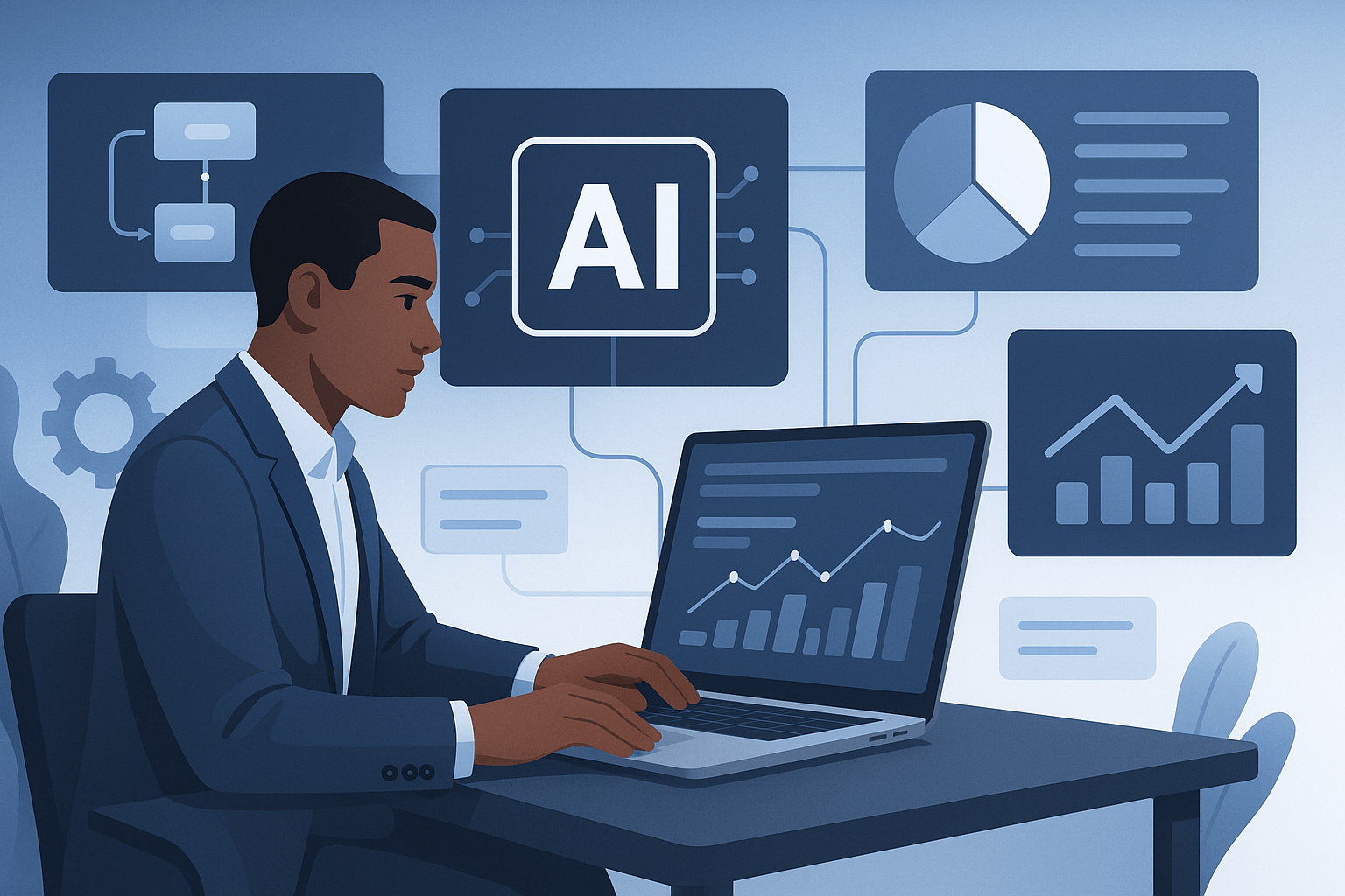 Illustration of a man analyzing data on a laptop with AI graphics in the background.