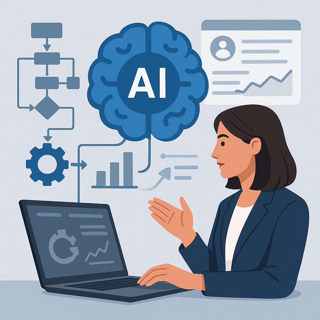 Illustration of a woman discussing AI concepts with graphs and charts.