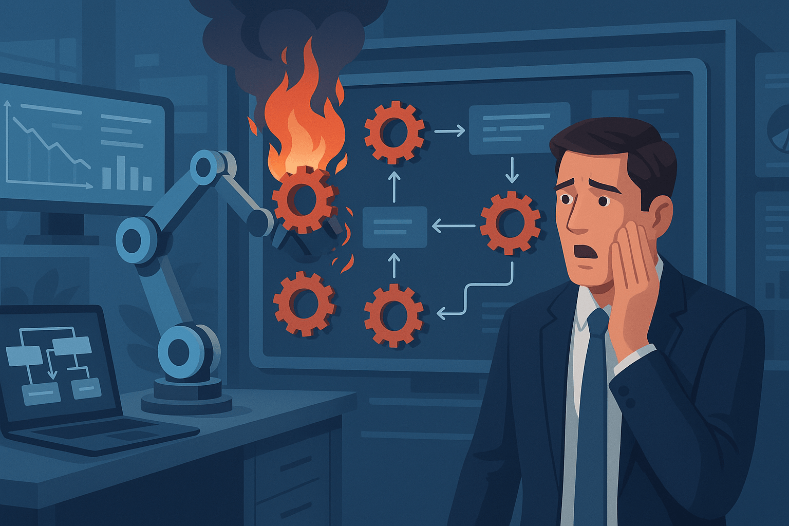 A worried man in a suit reacts to a robotic arm on fire, surrounded by gears and graphs.