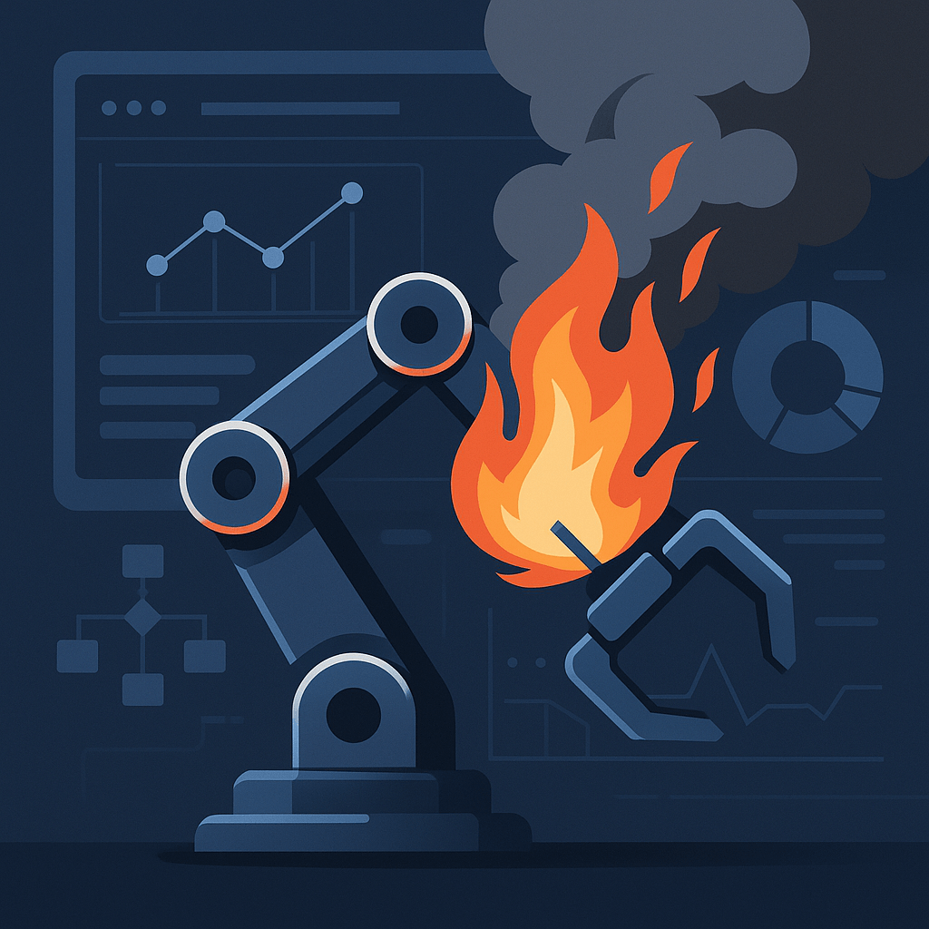 A robotic arm with flames and smoke against a dark background.